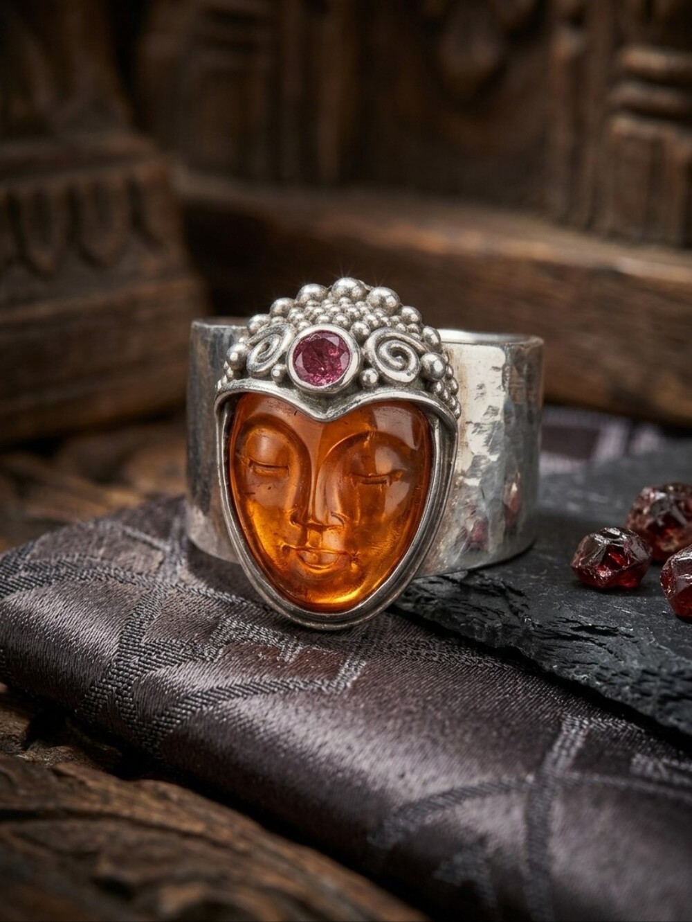 Vintage Sajen Sterling Silver Hand-Carved Amber Goddess Ring